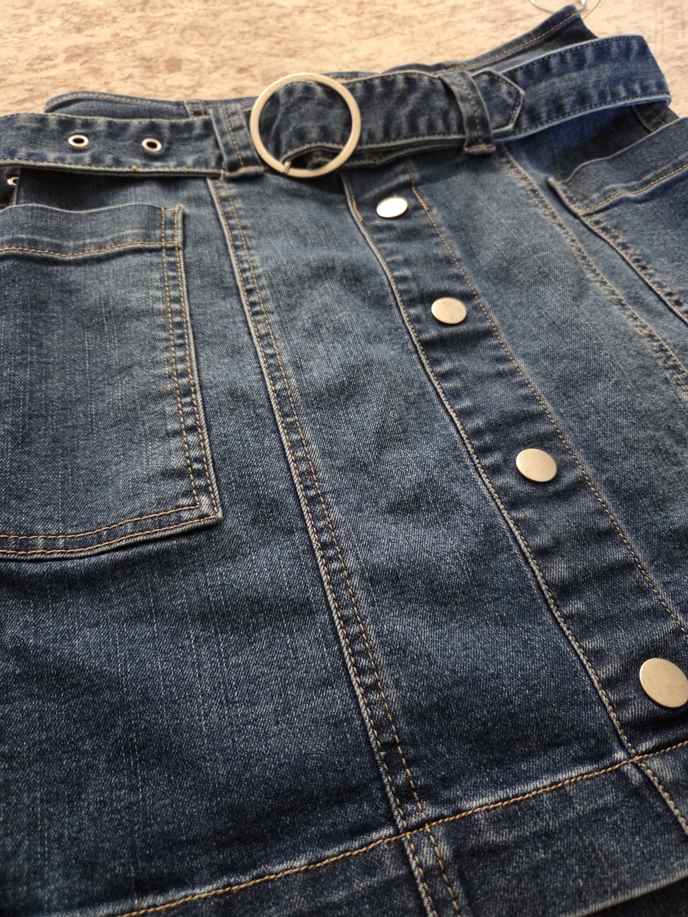 Tinseltown Dark Blue Denim Button-Front Mini Skirt with Ring Belt - Picture 4 of 9